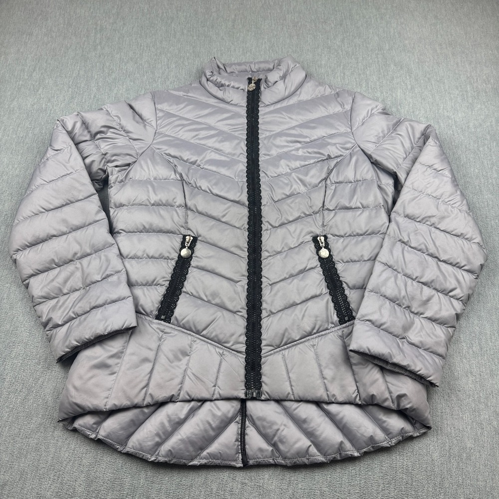 Betsey‎ Johnson Puffer Down Jacket Womens Large Gray Lace Pockets Zipper Coat